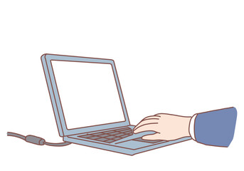 Human editor author writer hands typing text narration using laptop. Hand drawn style vector design illustrations.