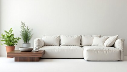 Modern Sectional Sofa in Minimalist Living Room Interior Design with Plants