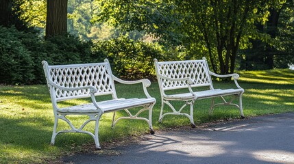 Two white park benches on grassy path, sunny day, calm background; relaxation