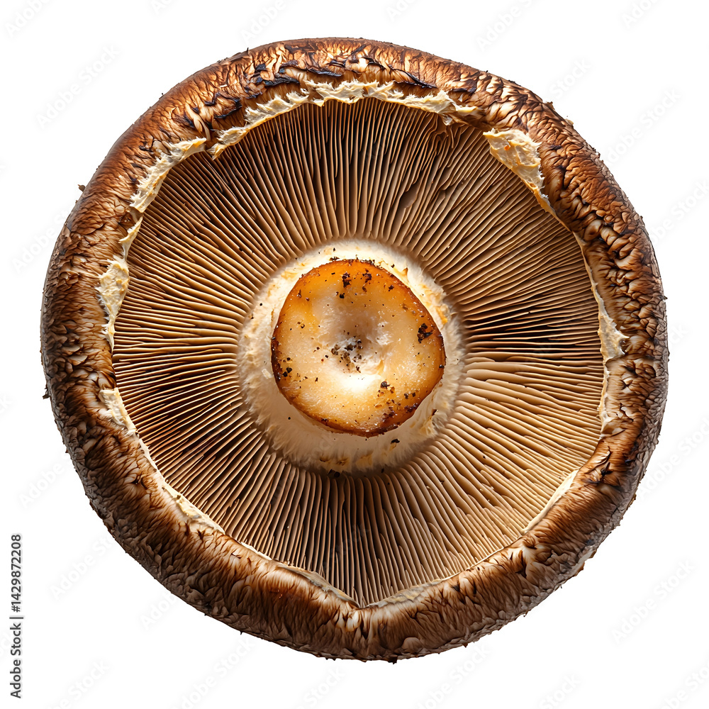 Poster image showcasing the intricate details and textures of a single fresh portobello mushroom with its d