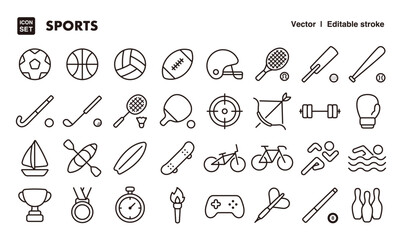 Sports line icon set. Vector editable stroke icon.