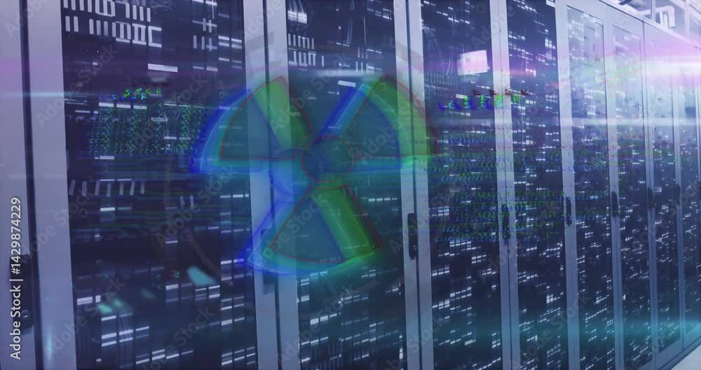 Poster server cabinets glowing under blue leds projecting cyan hazard symbol with floating binary data