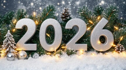 Silver numbers signify the new year of 2026, surrounded by evergreen branches and festive winter elements, creating a joyful atmosphere