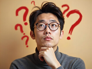 Pensive young man pondering hard questions surrounded by red question marks