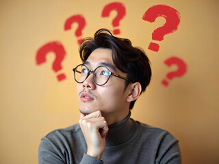 Contemplative asian man pondering surrounded by illustrated question marks