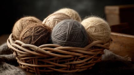 Obraz premium Natural yarn collection in a woven basket showcasing earth tones for crafting enthusiasts