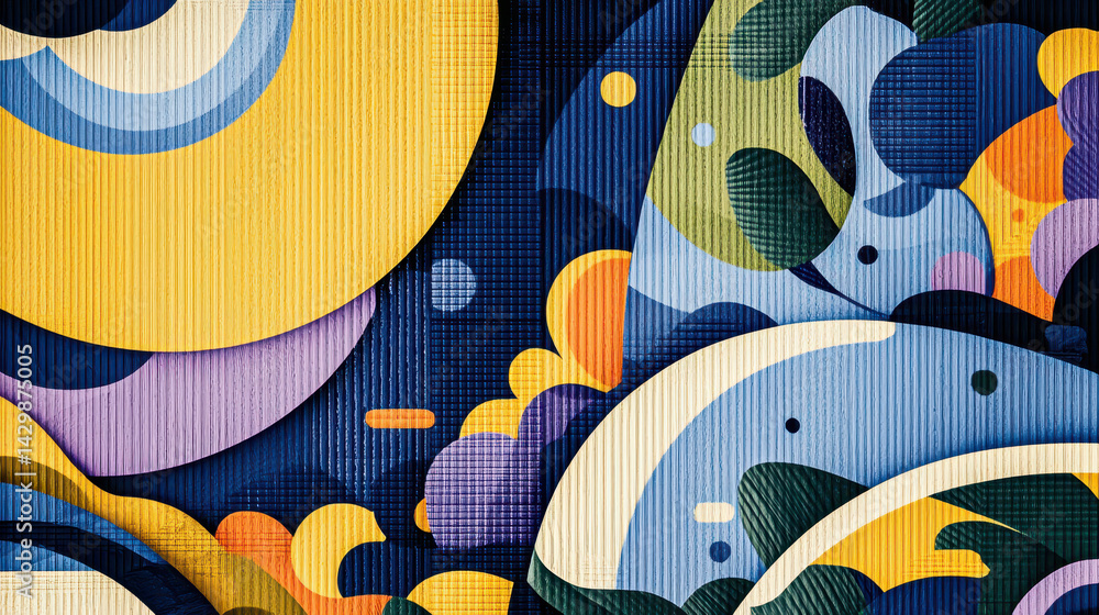 Poster vibrant abstract art composition with bold colors and dynamic shapes featu curves circles and overla