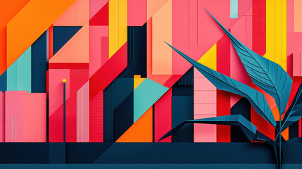 Modern vibrant geometric abstract art with colorful blocks and striking blue leaves for creative design inspiration and contemporary visual display