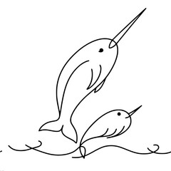 Obraz premium Two playful narwhals swimming in a simple line art style 