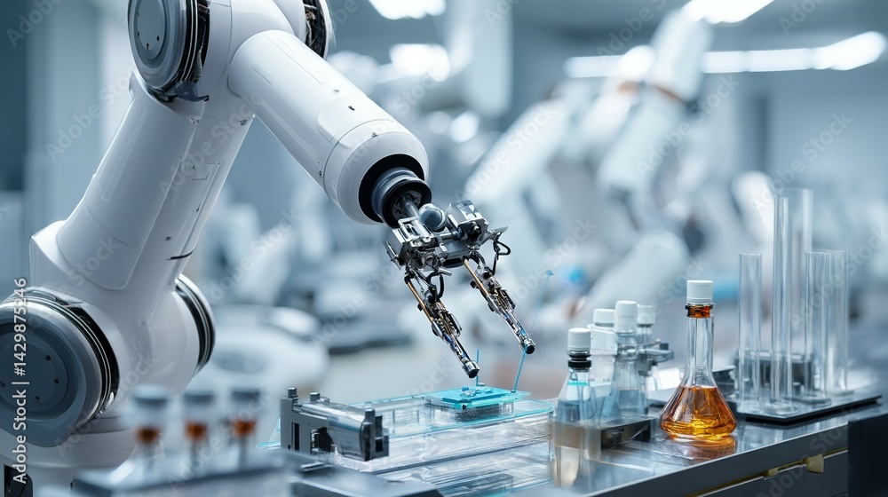 Poster automated robotic arm performing precise tasks in a modern laboratory setting.