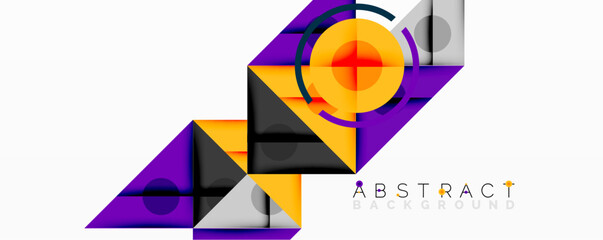 Geometric shapes overlap, creating vibrant abstract composition. Yellow, purple, black, gray hues dominate design. Modern aesthetic.