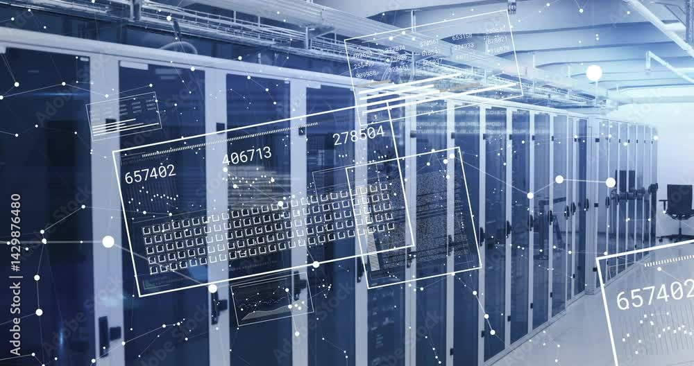 Poster row of server racks standing in data center showing floating data streams and network cable trays