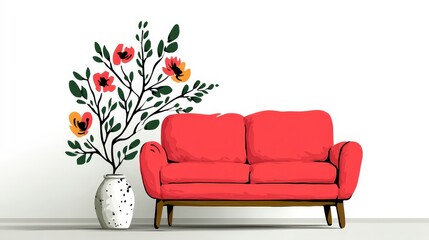 Cottagecore Minimalist Living Room  Red Sofa  Floral Decor