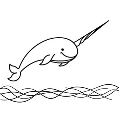 Obraz premium Happy narwhal jumping above stylized waves in a minimalistic style 