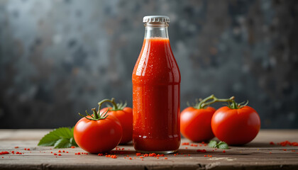 A bottle of tomato juice and ripe tomatoes on the table