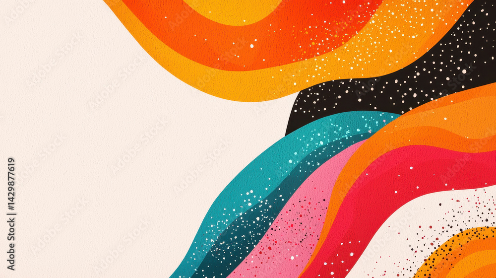Poster abstract vibrant colorful flowing waves with textured splashes and dots creating dynamic artistic co