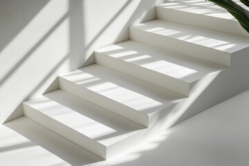 Minimalist white staircase bathed in bright sunlight shadows.