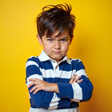Expressive young boy conveying displeasure with arms crossed against vibrant backdrop