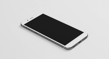 A white smartphone with a black screen laying flat on a white surface in a studio setting close up view