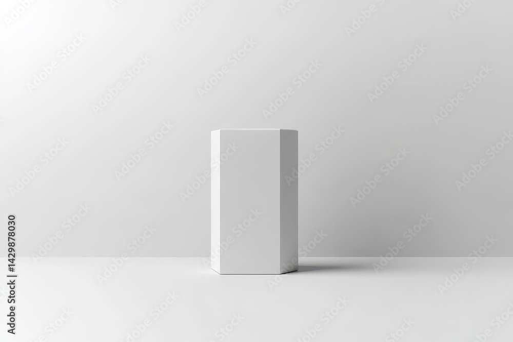 Poster simple white hexagonal display pedestal against a neutral backdrop.