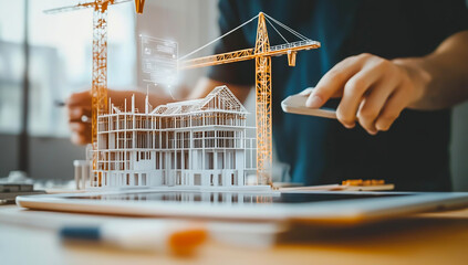 A digital construction project being directed by an AI, with holographic models of buildings and cranes floating above the tablet screen in the hands of an architect or designer