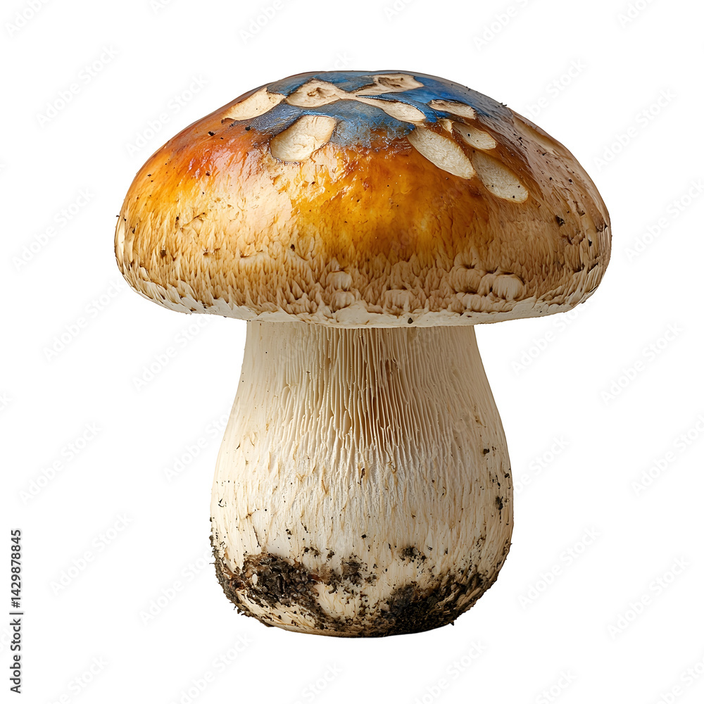 Aufkleber a single naturally grown straw mushroom with a rounded cap centered on a pure white background for a