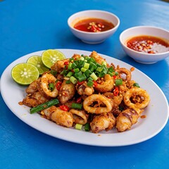 plate of mực nướng, grilled squid with chili marinade, on a black background, served with lime wedges and fresh herbs. A charcoal grill and a coastal vendor’s net evoke a Vung Tau street stall
