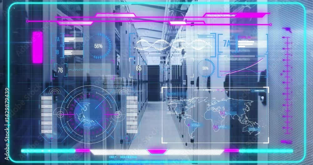 Aufkleber futuristic data center corridor in 3d render, showing sleek server racks, with neon hud elements