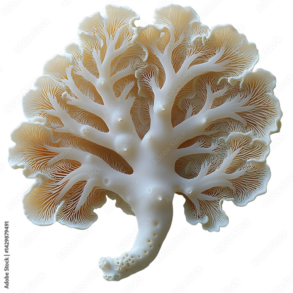 Poster a tranquil and serene image showcasing the intricate branching structure of a single coral mushroom 
