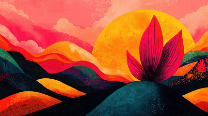 Vibrant abstract landscape with large pink flower, glowing orange sunset, layered hills, colorful sky, and whical nature scene in bold expressive style