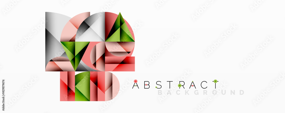 Poster geometric shapes overlap, creating modern abstract composition. colors include green, gray, red, plu
