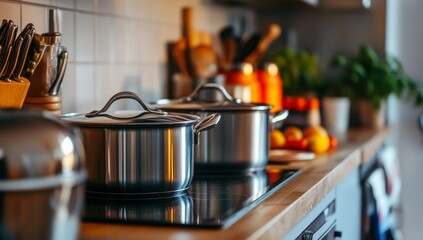 Modern kitchen with cookware on stove