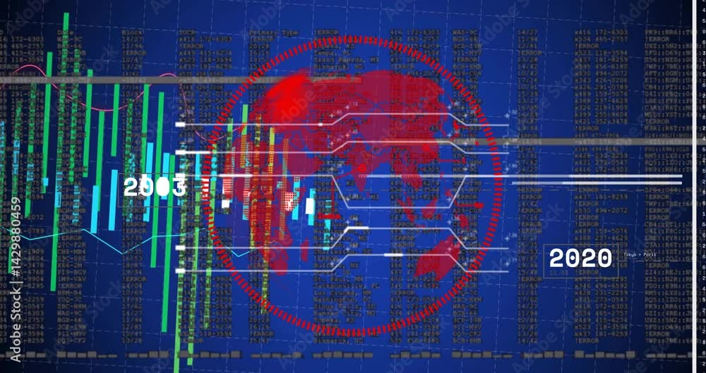 Poster data visualization showing red radar overlay with world map, green bars and error code columns