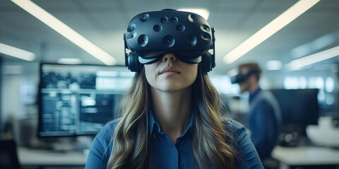 virtual reality technology in modern workspace - woman with vr headset in office setting