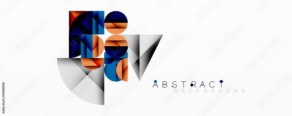 Poster abstract geometric shapes create dynamic composition. blue, orange, gray hues blend, forming modern 