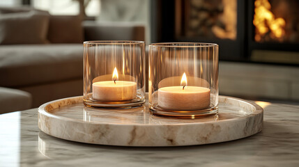 A pair of glass candles burning on a marble tray, styled for warmth and sophistication