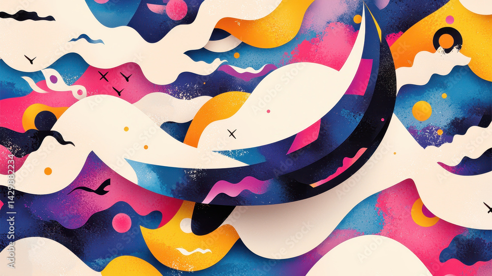 Poster abstract vibrant colorful swirling shapes with flowing waves, dynamic pattern design featu bold cont