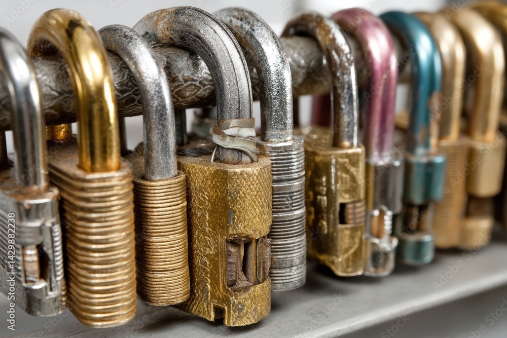 Poster various padlocks in different colors and styles lined up in a row.