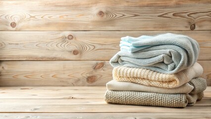 A neatly stacked pile of soft, cozy knit sweaters in a variety of calming neutral tones rests on a rustic wooden surface