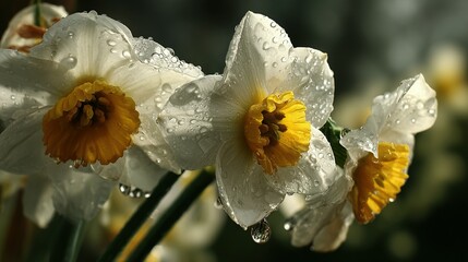 Close-up view of three delicate white daffodils covered in morning dew.