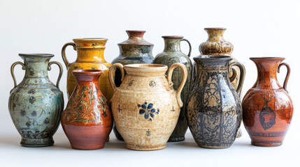 Antique ceramic amphoras and jugs depicted against a white background, used historically for storing wine, milk, or water