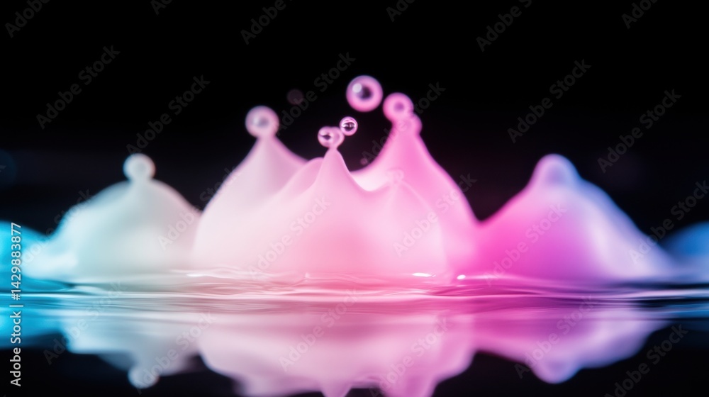 Poster ripples and colorful droplets splash dynamically in water, creating a vivid display of pink and blue