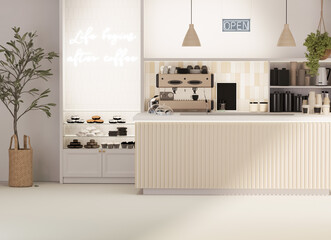 MInimal Coffee shop restaurant design modern style, white counter and gloss beige background ,Wall back counter pastel decor. 3d render	