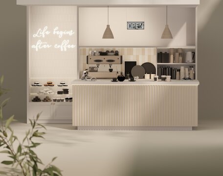 MInimal Coffee shop restaurant design modern style, white counter and gloss beige background ,Wall back counter pastel decor. 3d render	