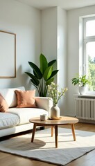 Stylish minimalist living room interior with clean lines, white walls and plants, contemporary, clean