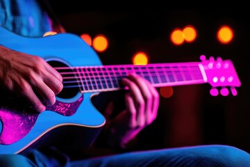 Obraz premium Vibrant Performance: Close-Up of Hands Playing a Guitar Under Colorful Stage Lights