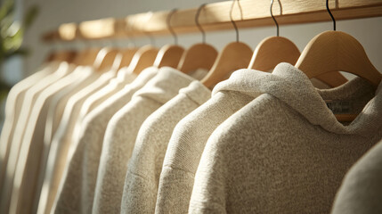 Fototapeta premium Beige casual garments neatly lined up on wooden hangers, with blank space for design or branding