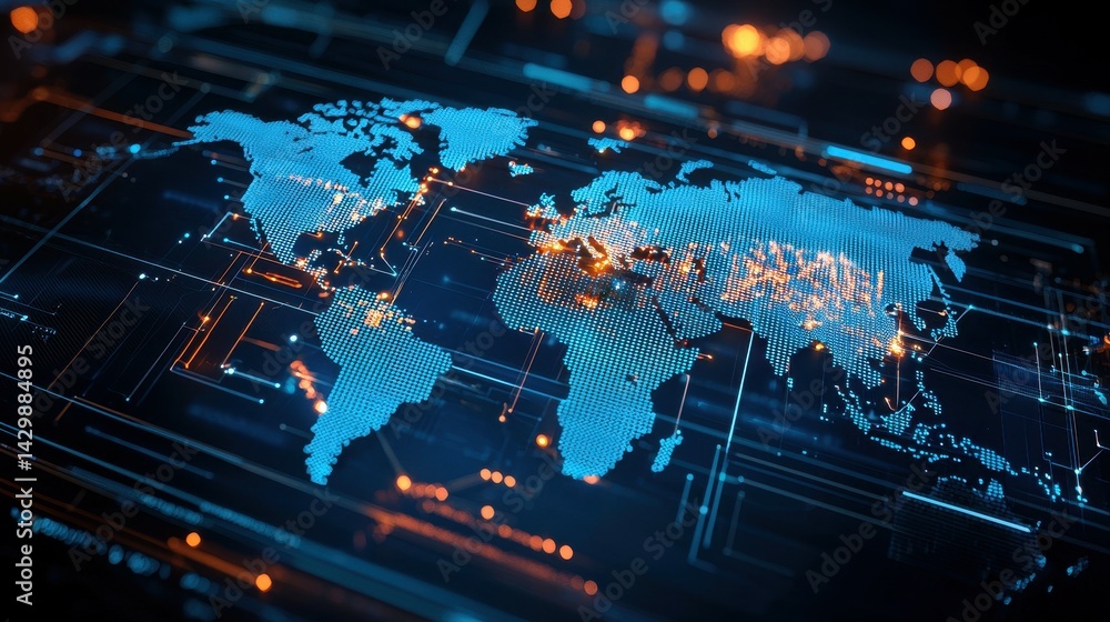 Poster digital world map with glowing circuit patterns showcasing technology and connectivity.