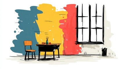 Colorful Classroom Sketch  Desk  Chair  Window  Artistic Wall