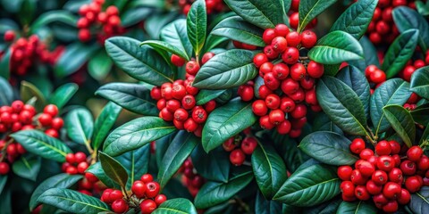 Obraz premium Lush greenery with vibrant clusters of red berries adorning the branches, a captivating display of nature's artistry.